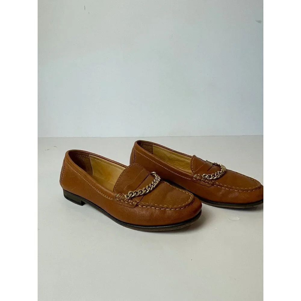 Sandro Brown Saddle Leather‎ Chain Detail Loafers Size US 6 Luxury Designer